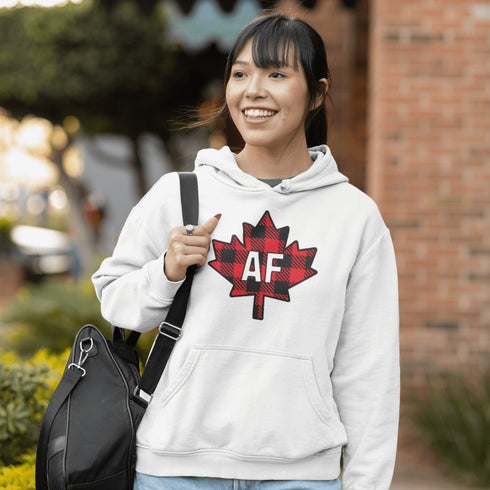 Featuring a red & black plaid maple leaf and the letters “AF” proudly displayed, this hoodie is for anyone who’s unapologetically Canadian… AF.